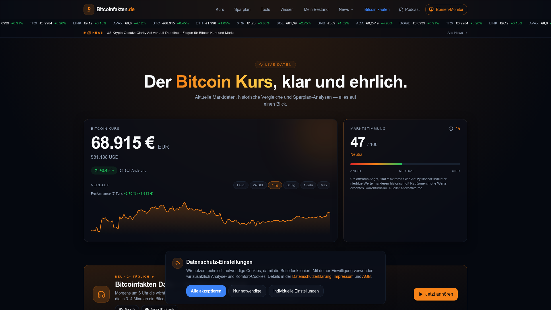 Screenshot von bitcoinfakten.de — Bitcoin-Kurs Dashboard