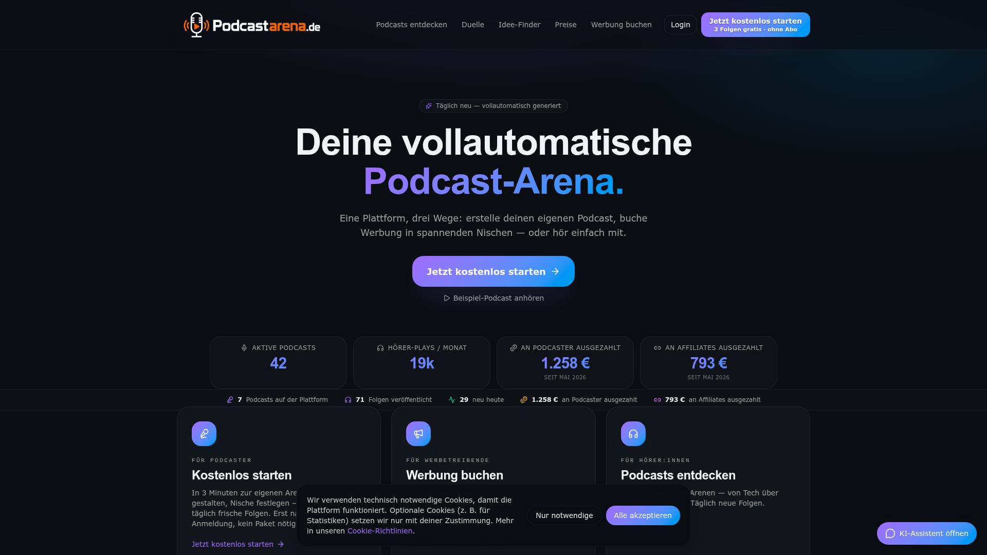 Screenshot von podcastarena.de — vollautomatische Podcast-Plattform