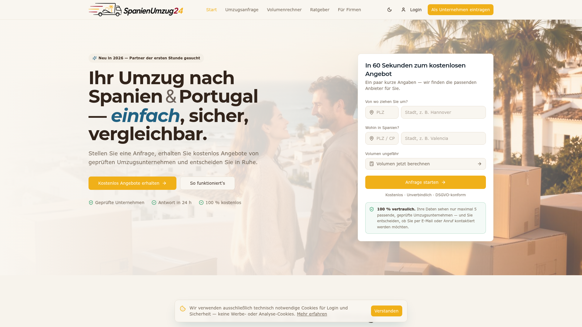 Screenshot von spanienumzug24.de — Umzugsportal Spanien & Portugal