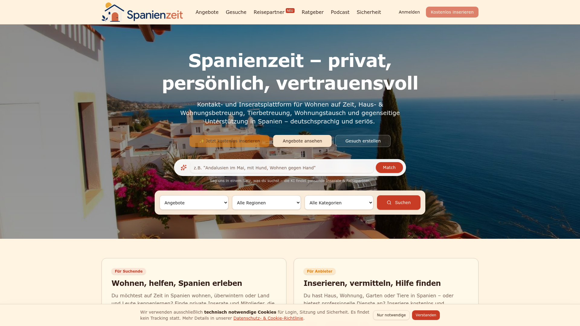 Screenshot von spanienzeit.de — Inseratsplattform für Spanien