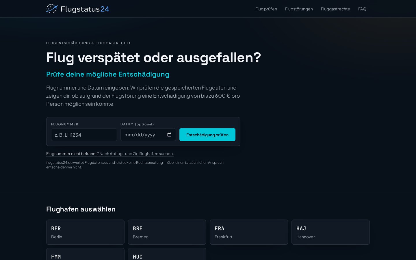 Startseite von flugstatus24.de — Flugstatus- und Entschädigungsprüfung
