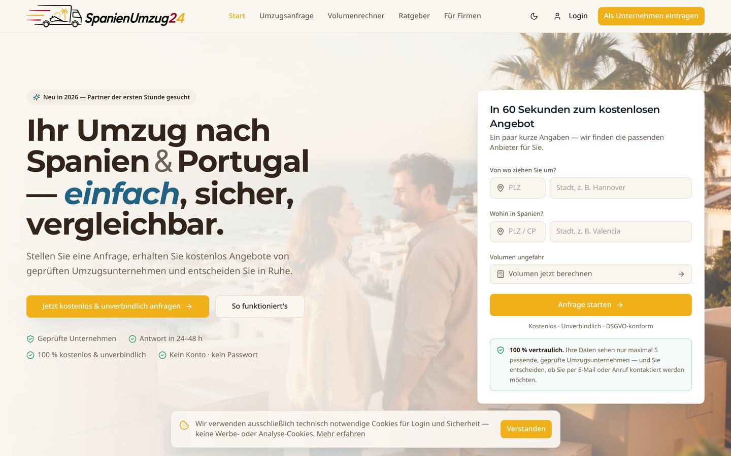 Startseite von spanienumzug24.de — Anfragestrecke für Umzüge nach Spanien