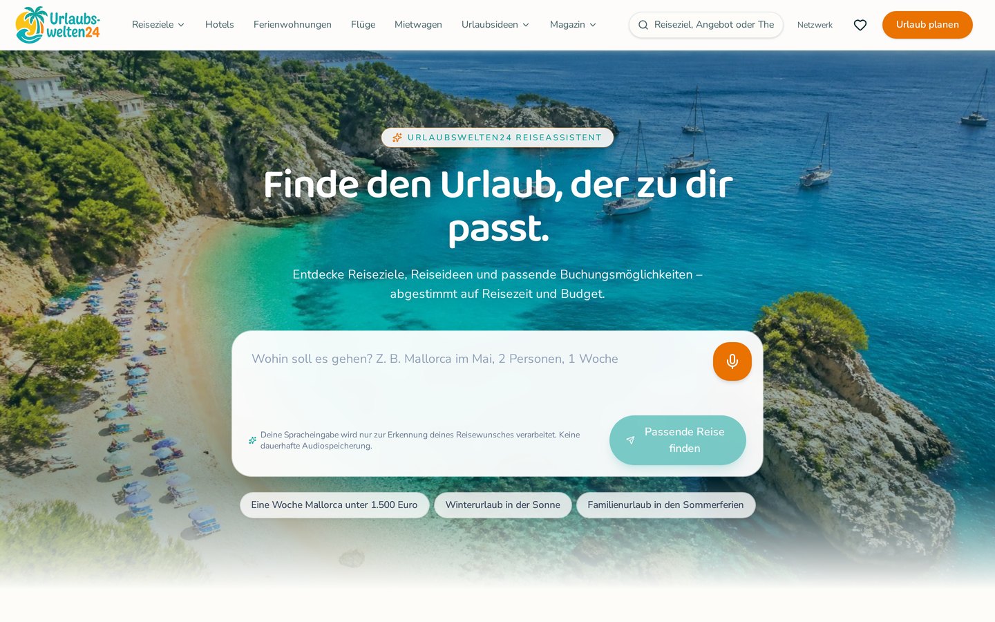 Startseite von urlaubswelten24.de — Reiseportal mit Suche